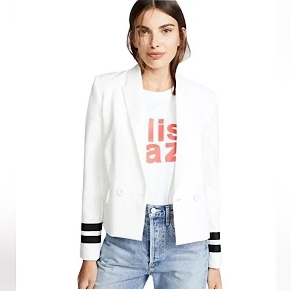 L’AGENCE Marine White Nautical Cropped Blazer Jacket with Striped Sleeves US2